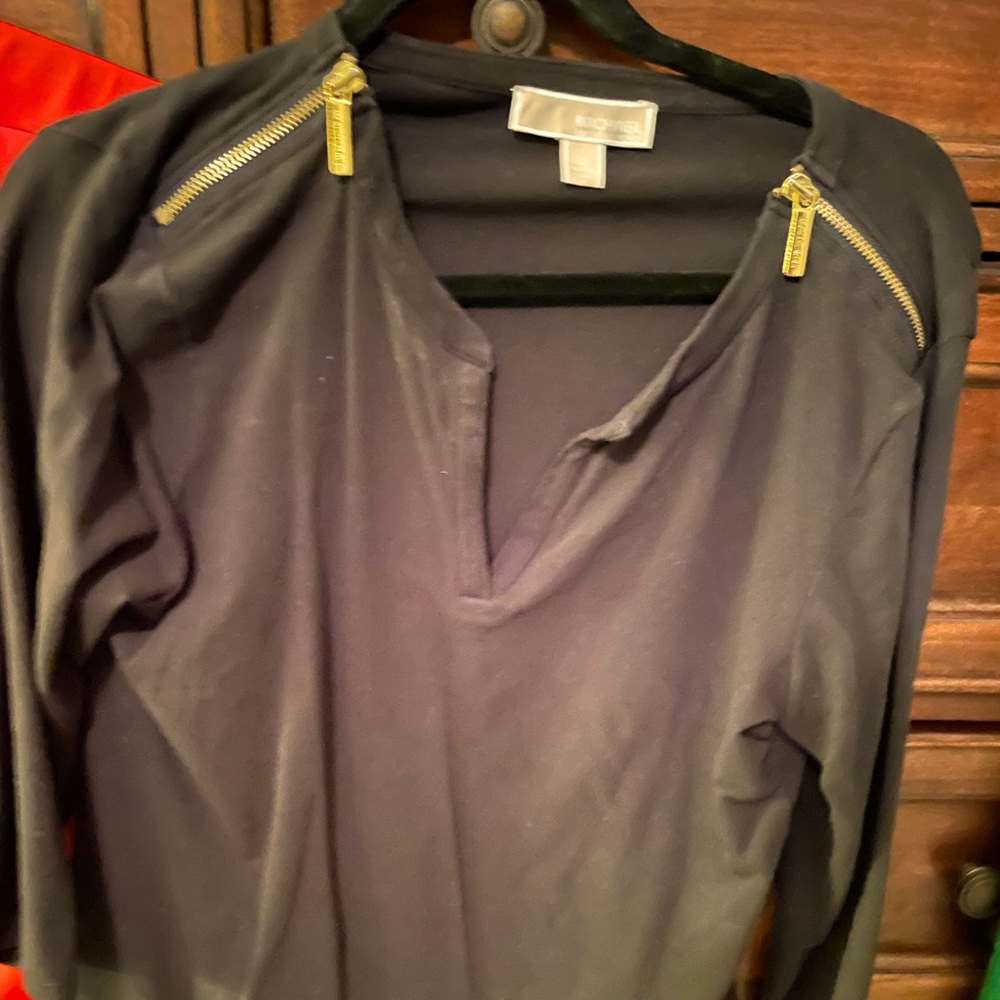 Michael Kors, black v-neck blouse with gold zipper